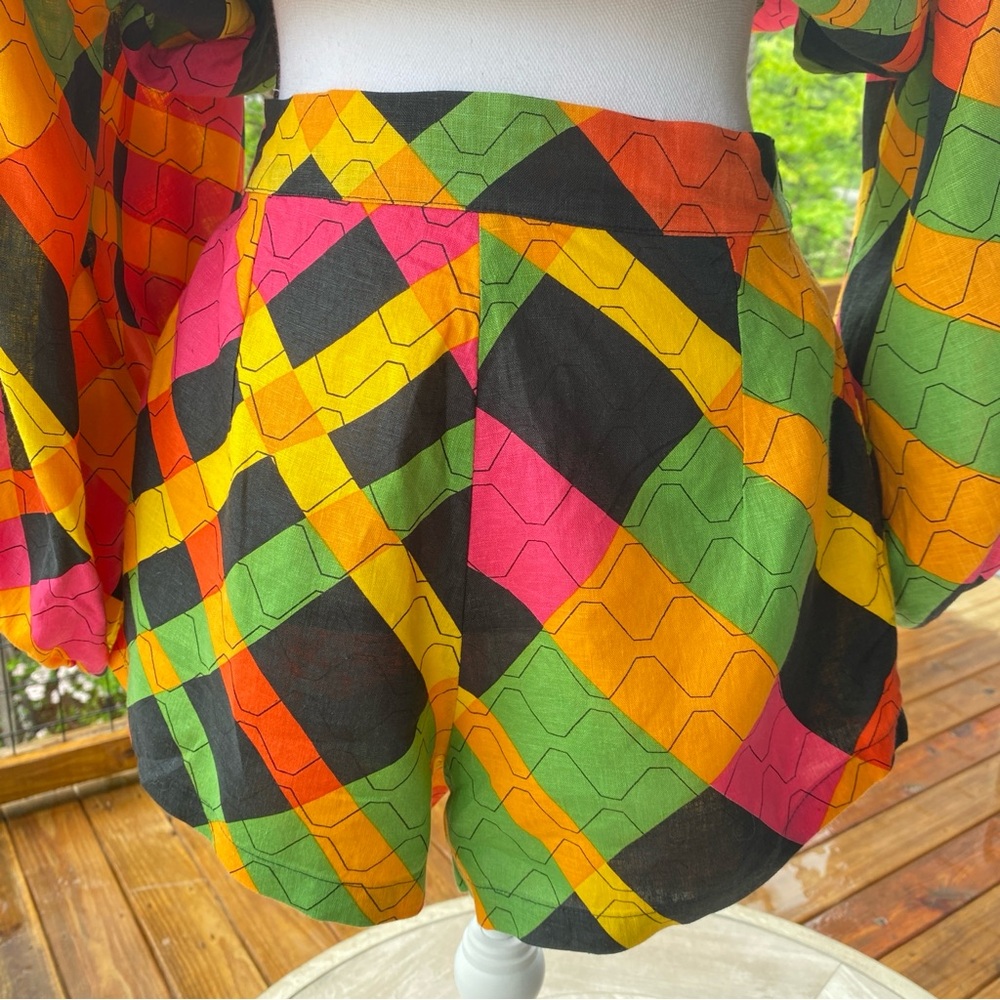 s/w/f boutique Artista Orange Pink Billow Sleeve Top & Shorts Small 100% Linen - Picture 10 of 17